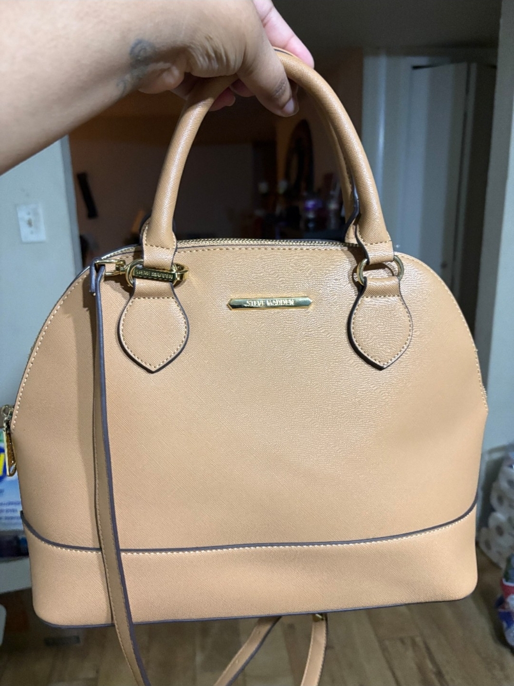Steve Madden Camel Tan Dome Satchel with Gold Accents